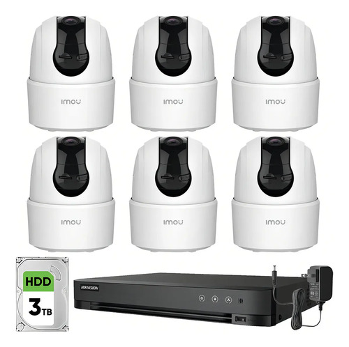 Imou Kit Videovigilancia 6 Cámaras Domo IP PTZ de 2 MP WiFi IPC-TA22CN-B Audio y Visión Nocturna 24/7 / Grabación Continua + Disco Duro 3TB + DVR Turbo HD de 8MP 4K (IDS-7204HUHI-M1/S )