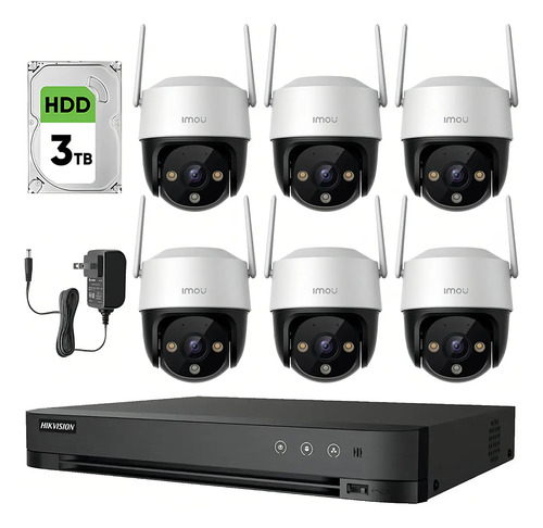 Imou Kit Videovigilancia 6 Cámaras  IP PTZ Wifi de 4 MP IPC-S41FEN Cruiser SE+ / Microfono Altavoz y Visión Nocturna 24/7 / Grabación Continua + Disco Duro 3TB + DVR Turbo HD de 8MP 4K (IDS-7204HUHI-M1/S )