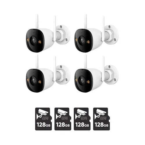 Kit cronos 4 cámaras ip imou K3DN-5H0WF bullet wifi 5mp audio bidireccional full color detección de humanos interiores/exteriores notificaciones + 4 micro sd 128 GB + accesorios - kit cctv