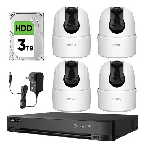 Imou Kit Videovigilancia 4 Cámaras Domo IP Wifi de 2 MP IPC-TA22CN-B PTZ con Microfono y Visión Nocturna 24/7 / Grabación Continua + Disco Duro 3TB + DVR Turbo HD de 8MP 4K (IDS-7204HUHI-M1/S )