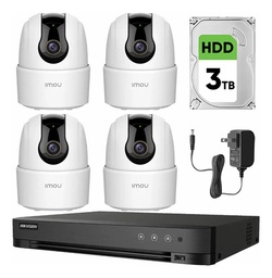 Imou Kit Videovigilancia 4 Cámaras Domo IP Wifi de 2 MP IPC-TA42N-B PTZ con Microfono y Visión Nocturna 24/7 / Grabación Continua + Disco Duro 3TB + DVR Turbo HD de 8MP 4K (IDS-7204HUHI-M1/S )