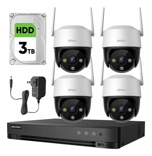 Imou Kit Videovigilancia 4 Cámaras IP PTZ Wifi de 2 MP IPC-S21FEN Cruiser SE+ / Microfono Altavoz y Visión Nocturna 24/7 / Grabación Continua + Disco Duro 3TB + DVR Turbo HD de 8MP 4K (IDS-7204HUHI-M1/S )