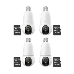 Kit cronos 4 cámaras IMOU BulbCam 3 Megapixeles IPC-K6C-3H1WEB Modo privacidad Detección de humanos & Vehículos Audio bidireccional video a color 24/7 + 2 MIcrosd 64Gb + accesorios