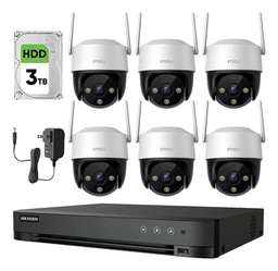 Imou Kit Videovigilancia 6 Cámaras  IP PTZ Wifi de 4 MP IPC-S41FEN Cruiser SE+ / Microfono Altavoz y Visión Nocturna 24/7 / Grabación Continua + Disco Duro 3TB + DVR Turbo HD de 8MP 4K (IDS-7204HUHI-M1/S )