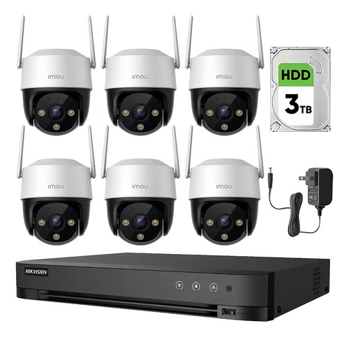 Imou Kit Videovigilancia 6 Cámaras IP PTZ Wifi de 2 MP IPC-S21FEN Cruiser SE+ / Microfono Altavoz y Visión Nocturna 24/7 / Grabación Continua + Disco Duro 3TB + DVR Turbo HD de 8MP 4K (IDS-7204HUHI-M1/S )