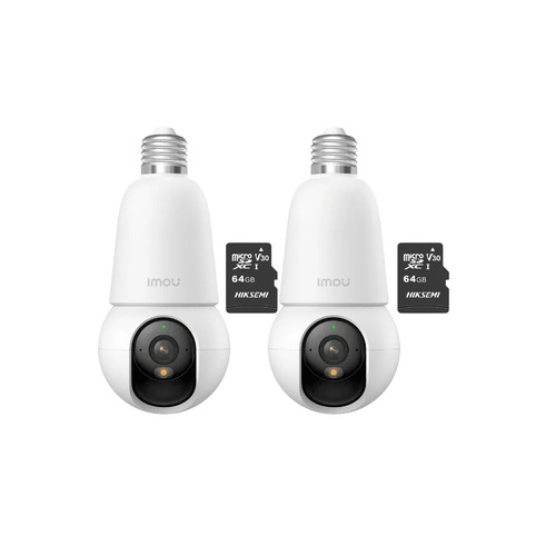 Kit cronos 2 cámaras IMOU BulbCam 5 Megapixeles IPC-K6C-5H1WEB Modo privacidad Detección de humanos & Vehículos Audio bidireccional video a color 24/7 + 2 MIcrosd 64Gb + accesorios