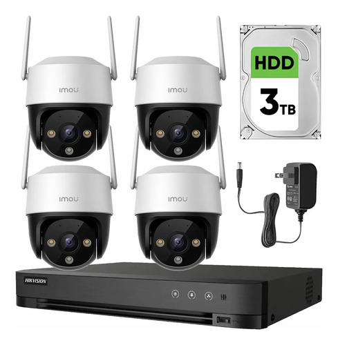 Imou Kit Videovigilancia 4 Cámaras  IP PTZ Wifi de 4 MP IPC-S41FEN Cruiser SE+ / Microfono Altavoz y Visión Nocturna 24/7 / Grabación Continua + Disco Duro 3TB + DVR Turbo HD de 8MP 4K (IDS-7204HUHI-M1/S )