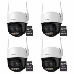 Kit Cronos 4 Cámaras de Seguridad Imou Cruiser Z IPC-S7DN-5M0WEZ 5MP Dual Wifi + Memoria Micro SD 128GB - Visión Nocturna Color 56Mts Zoom12X / Audio Bidireccional y Detección Humana/Vehículos – Circuito Cerrado