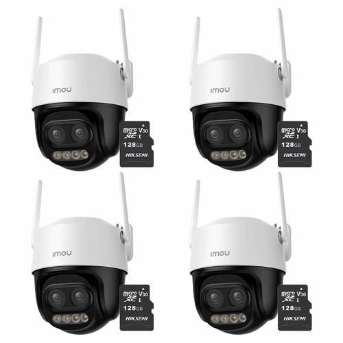 Kit Cronos 4 Cámaras de Seguridad Imou Cruiser Z IPC-S7DN-5M0WEZ 5MP Dual Wifi + Memoria Micro SD 128GB - Visión Nocturna Color 56Mts Zoom12X / Audio Bidireccional y Detección Humana/Vehículos – Circuito Cerrado