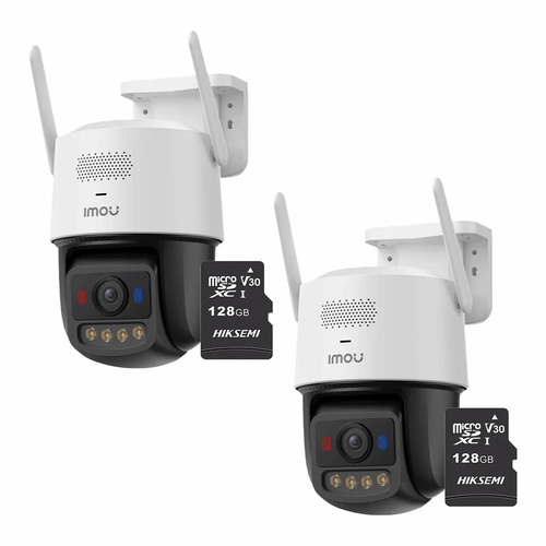 Kit Cronos 2 Cámaras de Seguridad Imou IPC-U7LN-6V0NE Titan Pro 6MP + Almacenamiento MicroSD 128GB - Visión Nocturna Color 30Mts WiFi Doble Banda Audio Bidireccional Detección Humana y Vehículos / Alarma Luces Rojas y Azul Sirena 125dB – Circuito Cerrado